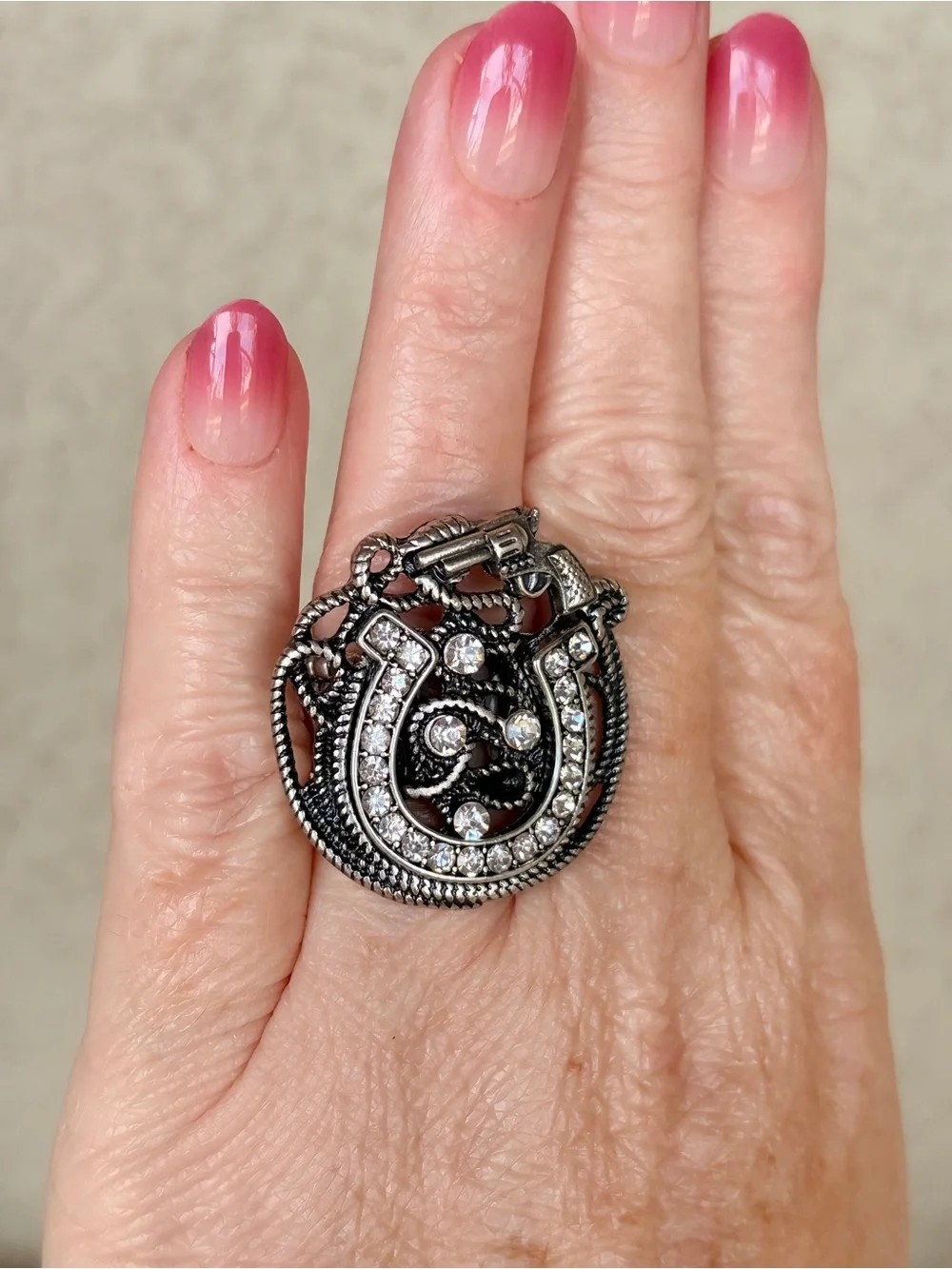Western Silver-Tone Horseshoe Crystal Statement Ring